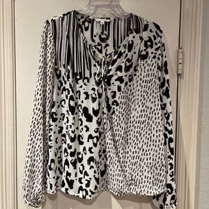 CAbi Black and White Animal Print Long Sleeve Blouse